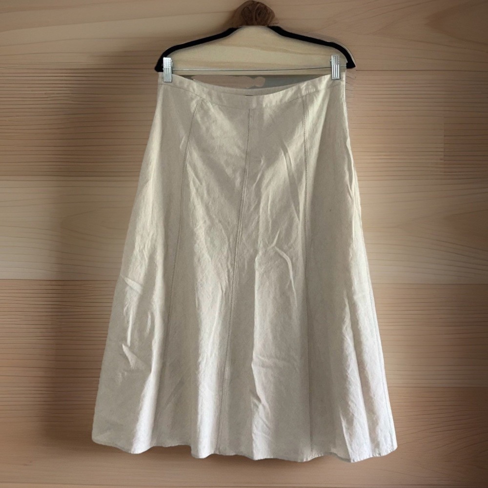 Christopher & Banks Linen Blend Midi Skirt Beige A-Line Side Zip Size Large